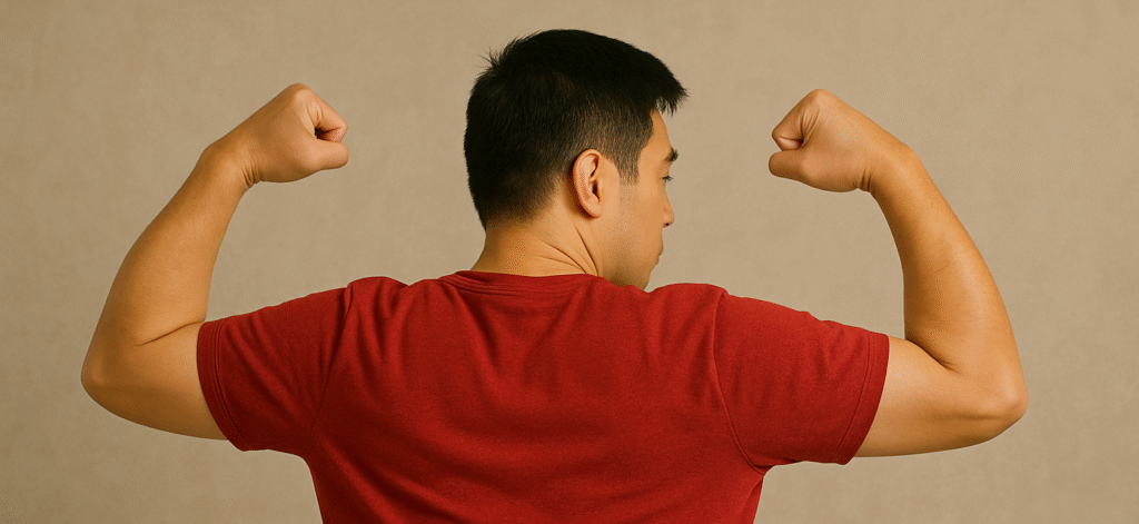 Man i röd tröja spänner sina biceps